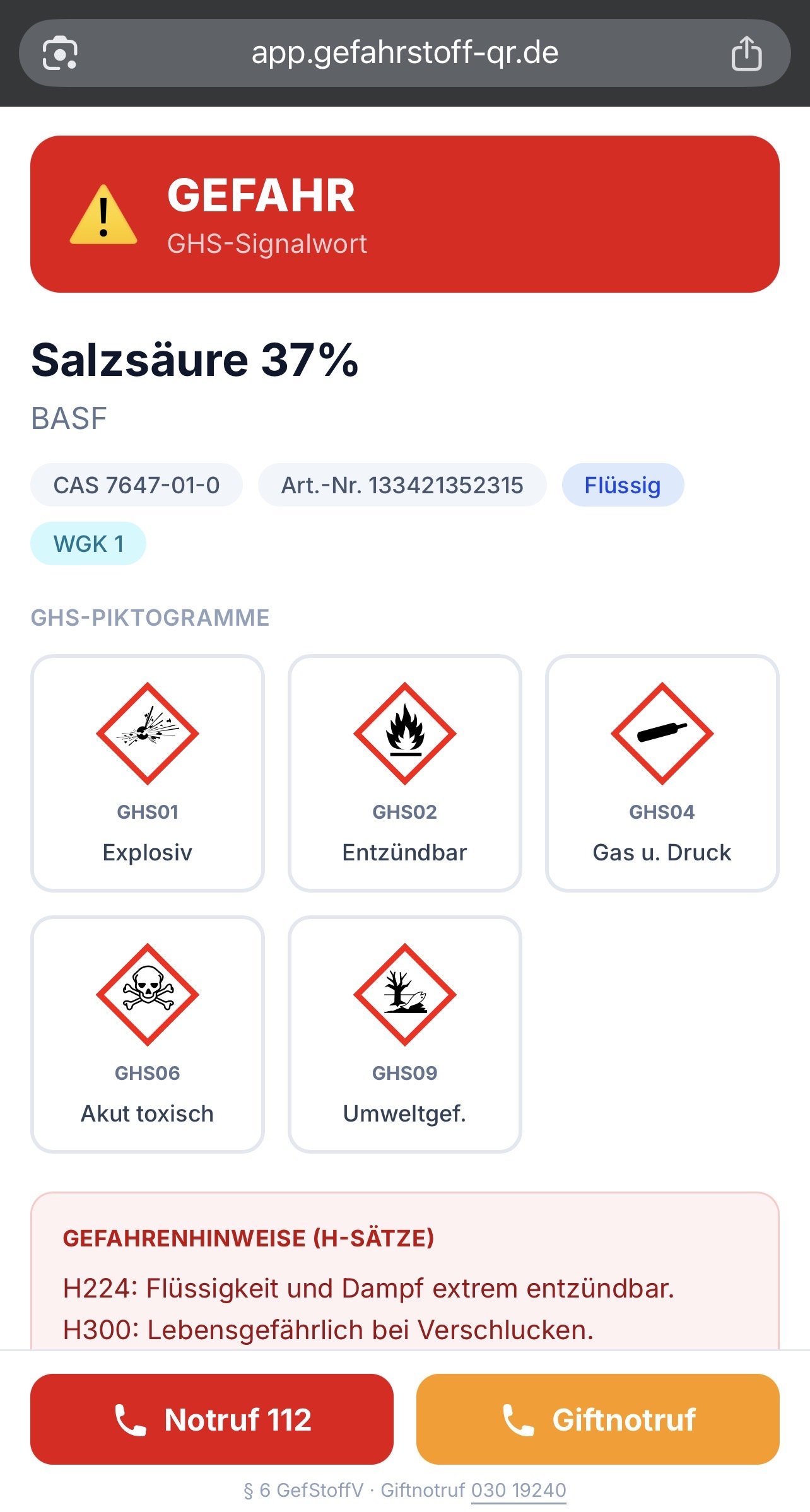Mobile Ansicht: GHS-Piktogramme und Notruf-Buttons für einen Gefahrstoff