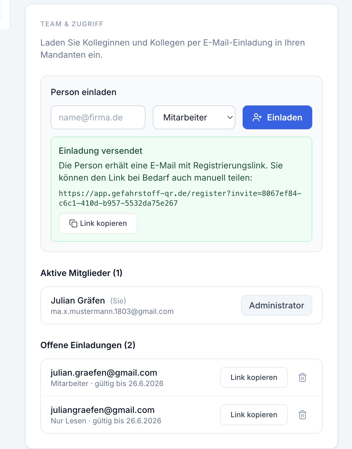 Team und Zugriff in Gefahrstoff-QR: Mitarbeiter per E-Mail einladen und Rollen vergeben